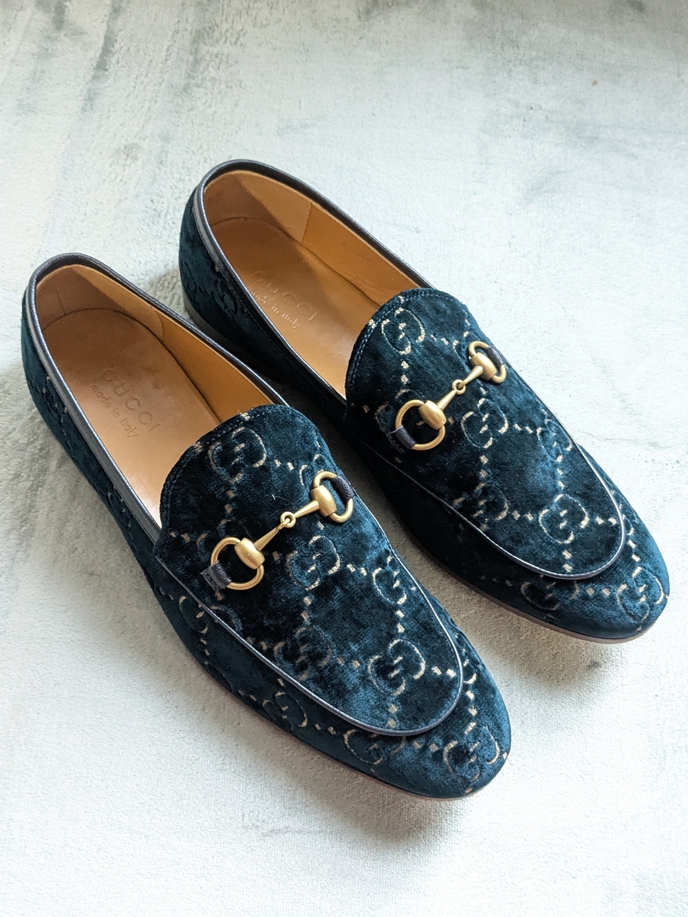 Gucci Men's Blue Velvet Horsebit Loafers US 9.5 Leather Monogram Logo